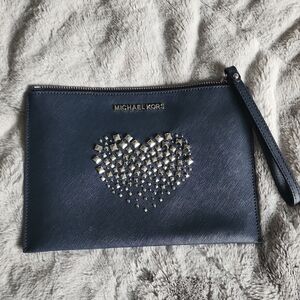 Michael Kors Dark Blue Wristlet with Silver Studded Heart